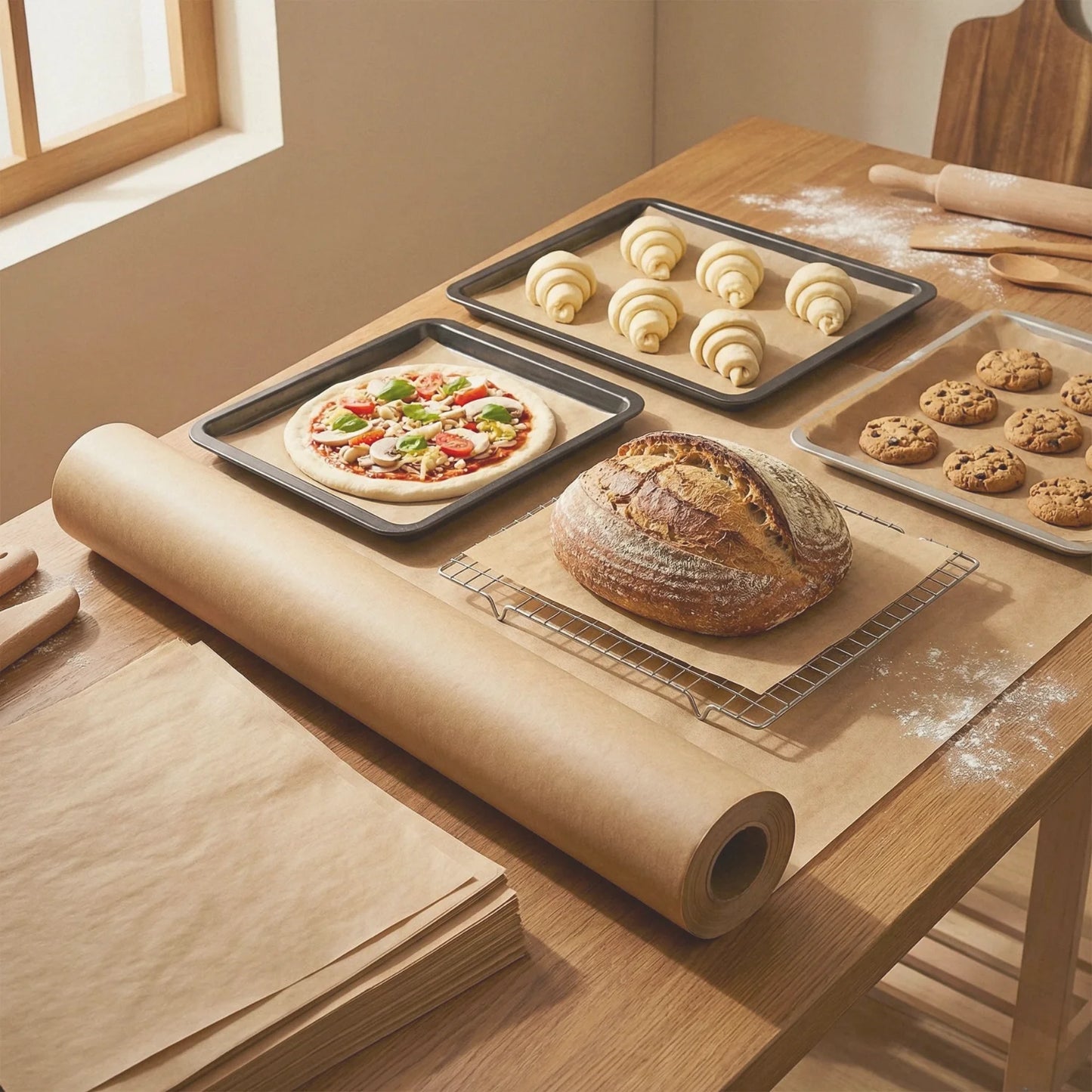 Papier do pieczenia BagBoy 50m × 38cm – różne wypieki na arkuszach papieru.