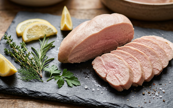 Soczysta pierś z kurczaka sous-vide pokrojona w plastry na ciemnej desce, z delikatnym ziołowym dodatkiem.