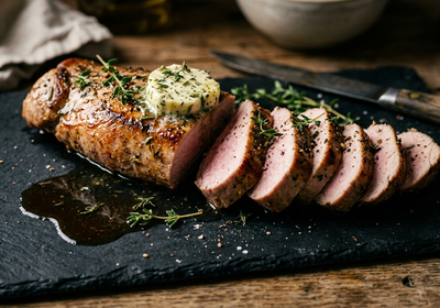 Polędwica wieprzowa sous-vide — przekrojona, soczysta, z lekko różowym wnętrzem