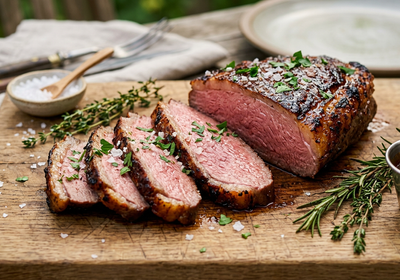 Picanha sous-vide z chrupiącą czapą tłuszczową i grillowanym, soczystym przekrojem na desce