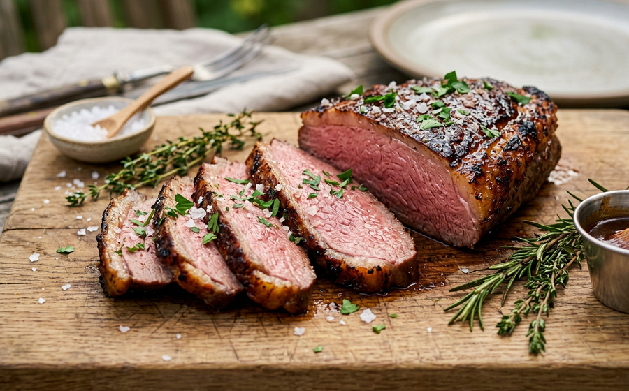 Picanha sous-vide z chrupiącą czapą tłuszczową i grillowanym, soczystym przekrojem na desce