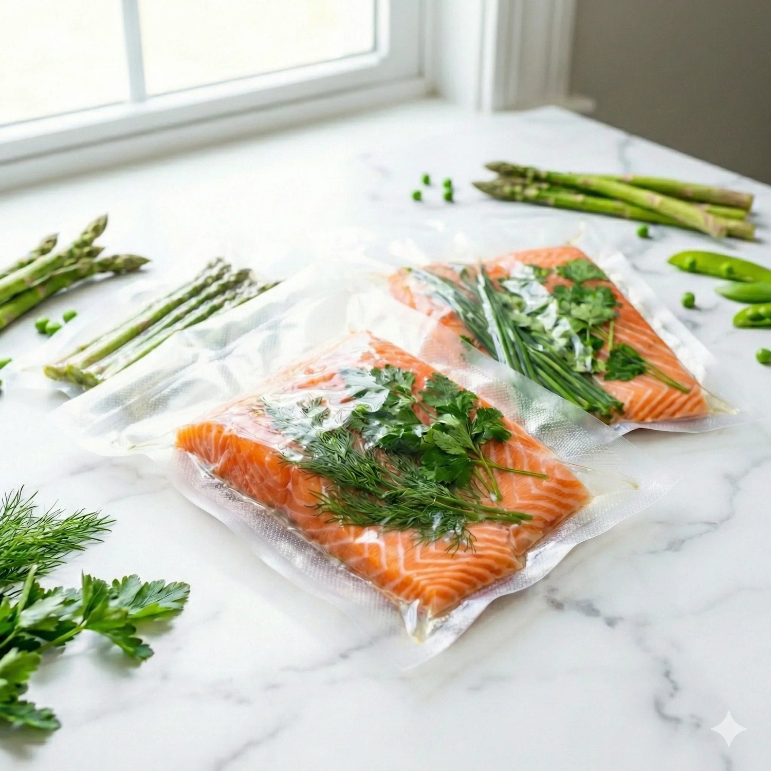 Worki do sous vide próżniowe BagBoy z łososiem i świeżymi ziołami – pakowanie próżniowe i gotowanie.