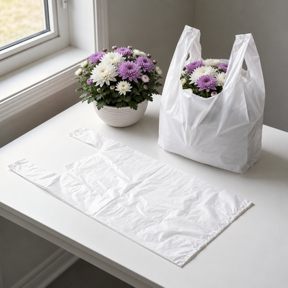 Duża biała reklamówka 43x80 cm z chryzantemą w misie