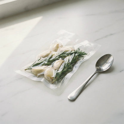 Worki do sous vide 10x15cm obok łyżki kuchennej – porównanie rozmiaru.