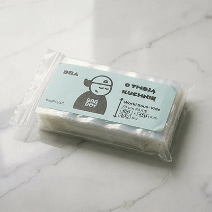 Worki do sous vide BagBoy 10x15cm – opakowanie 100 sztuk z etykietą.