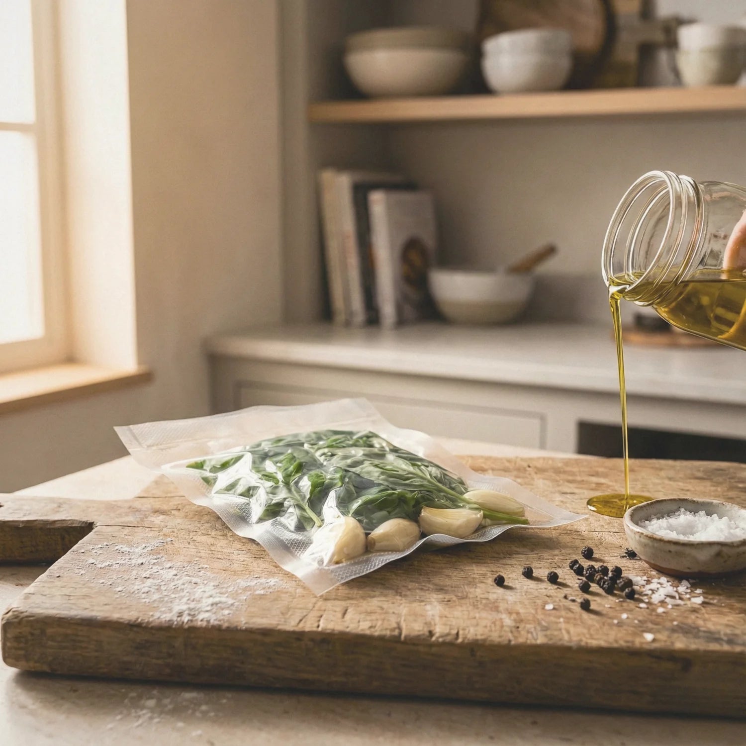 Worki do sous vide 10x15cm ze świeżymi ziołami na desce do krojenia.