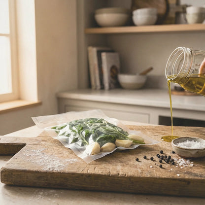 Worki do sous vide 10x15cm ze świeżymi ziołami na desce do krojenia.