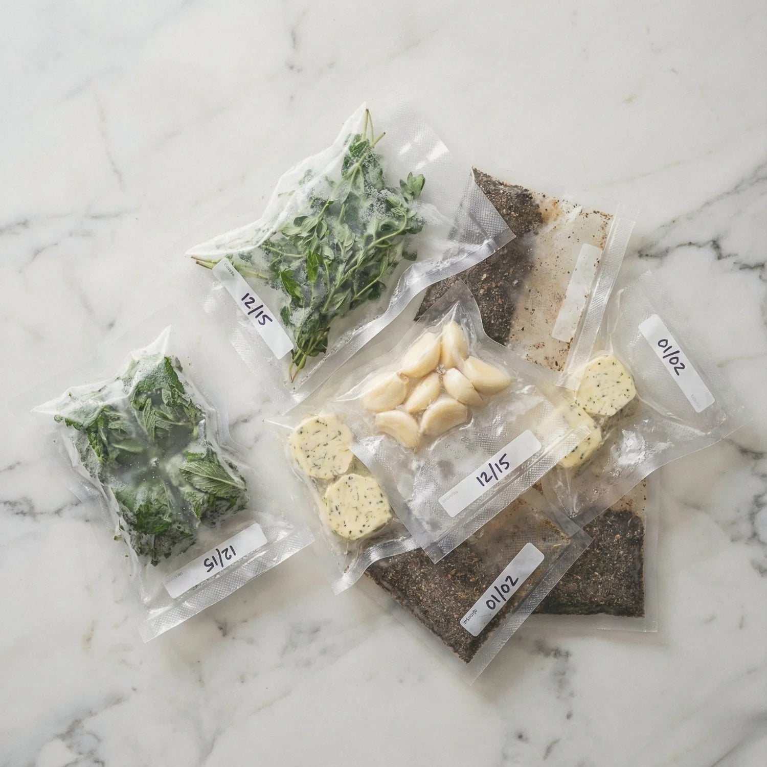 Stos worków do sous vide 10x15cm – idealne na zioła i przyprawy.