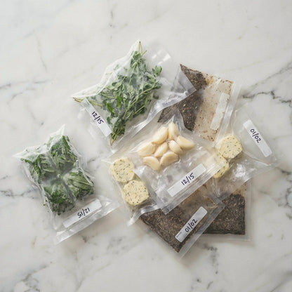 Stos worków do sous vide 10x15cm – idealne na zioła i przyprawy.