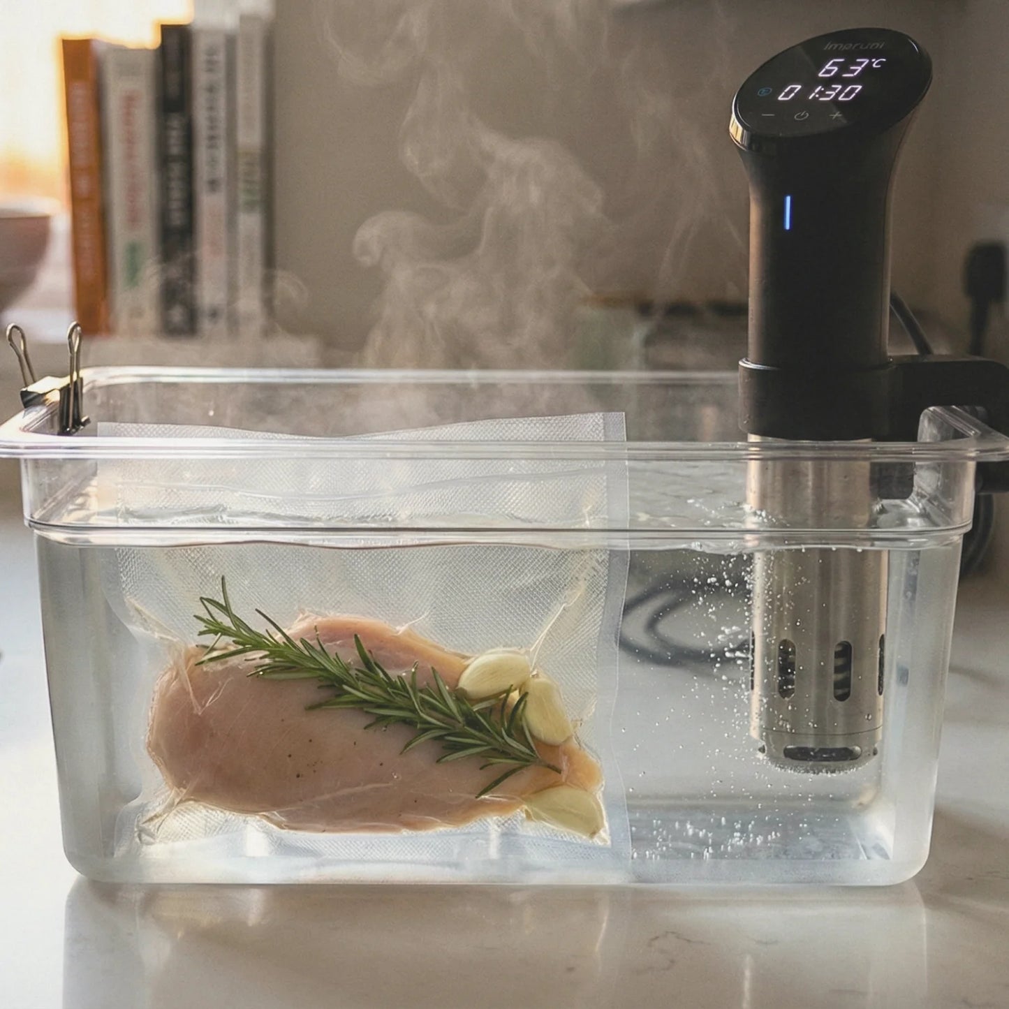 Worki do sous vide 15x20cm z piersią kurczaka w kąpieli wodnej.