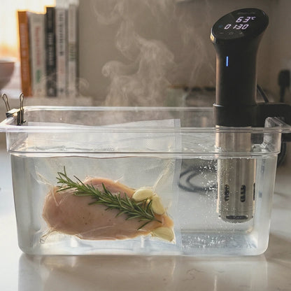 Worki do sous vide 15x20cm z piersią kurczaka w kąpieli wodnej.