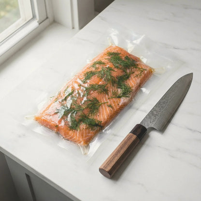 Worki do sous vide 15x30cm obok noża szefa kuchni – porównanie rozmiaru.