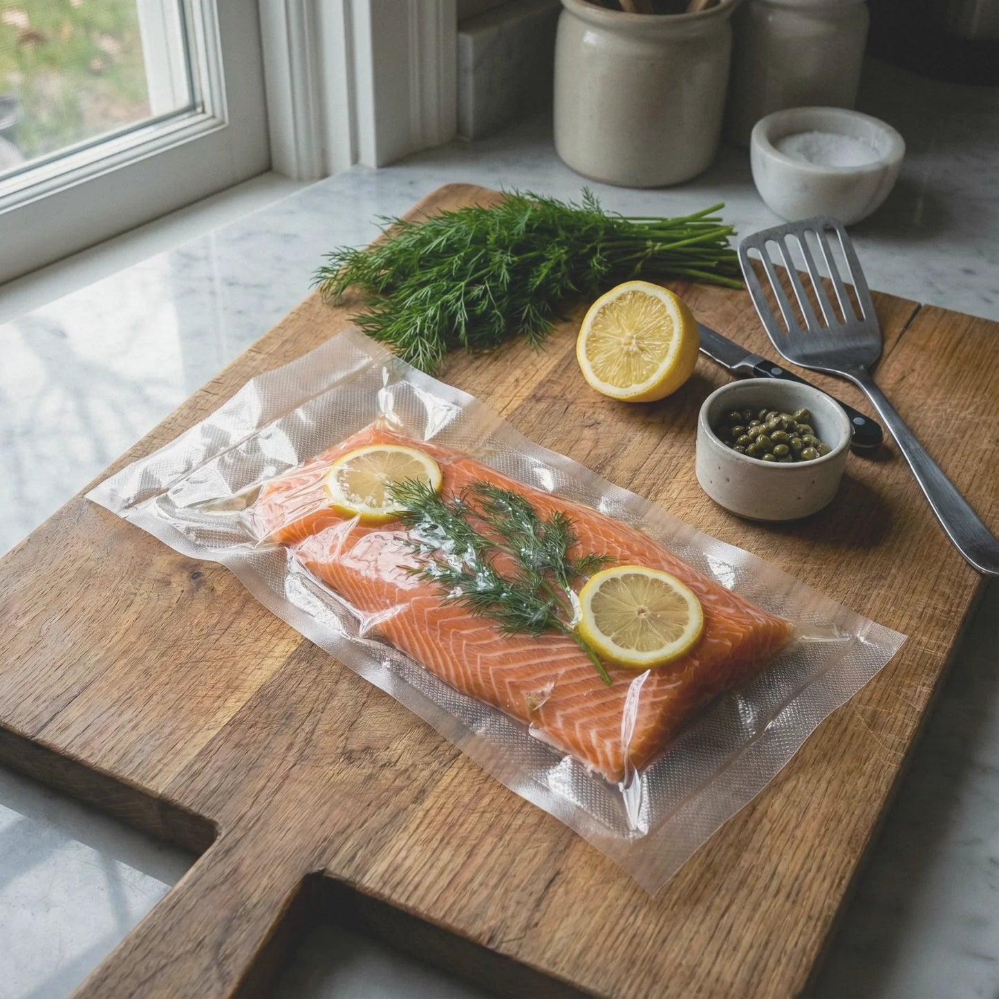 Worki do sous vide 15x30cm z filetem łososia na desce do krojenia.