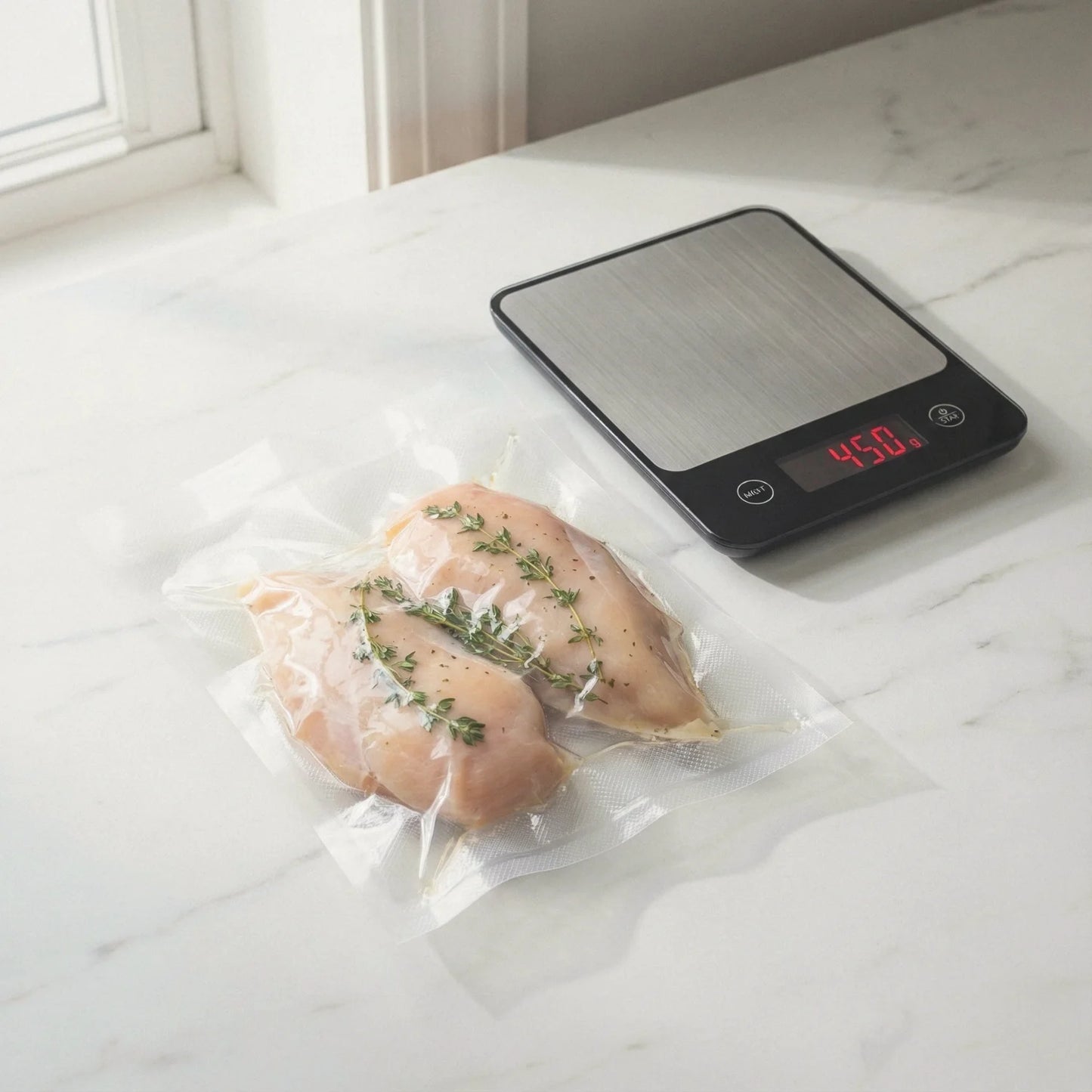 Worki do sous vide 20x25cm obok wagi kuchennej – porównanie rozmiaru.