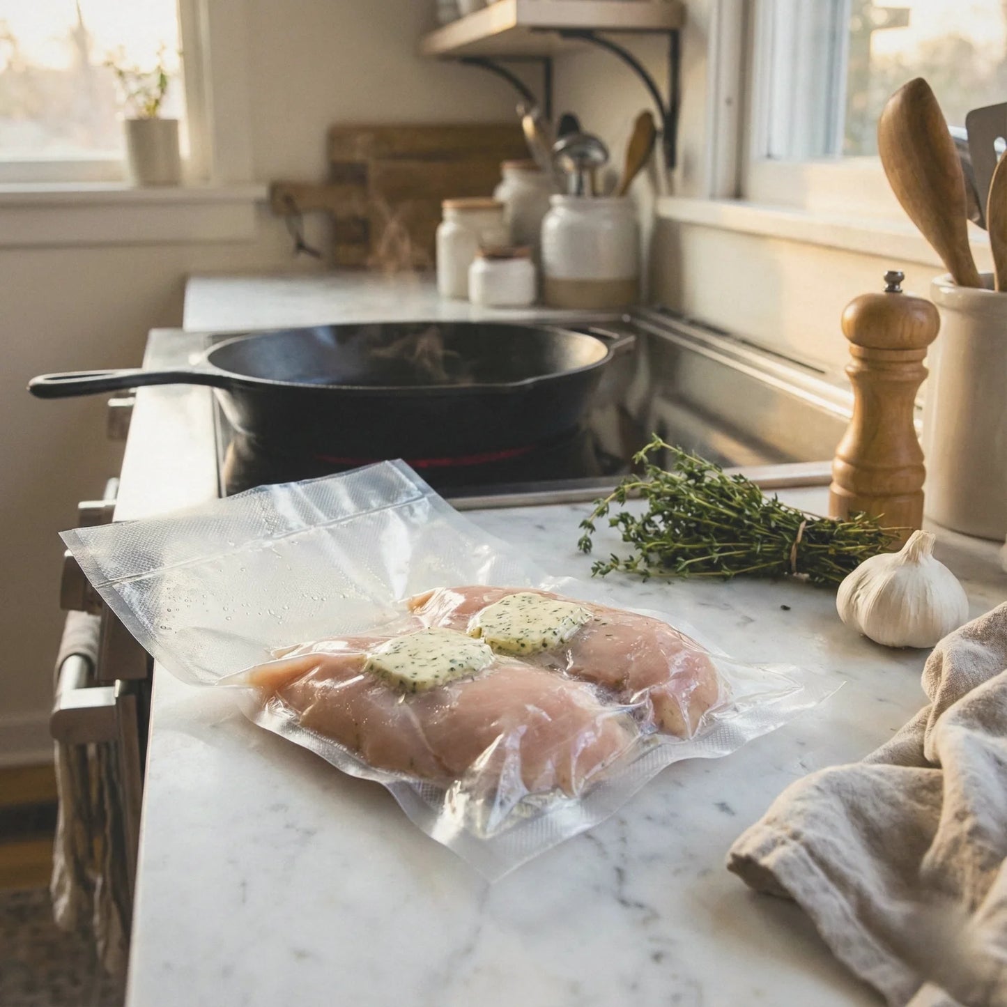 Worki do sous vide 20x25cm z piersią kurczaka w przygotowaniu do gotowania.