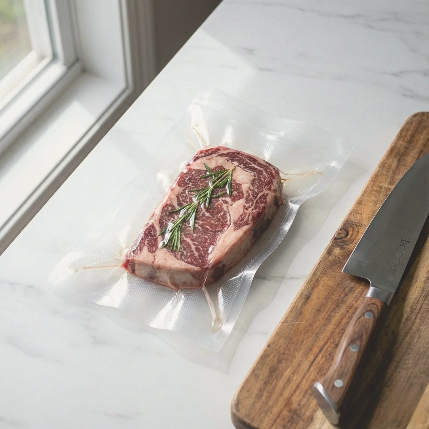 Worki do sous vide 20x30cm obok deski do krojenia – porównanie rozmiaru.