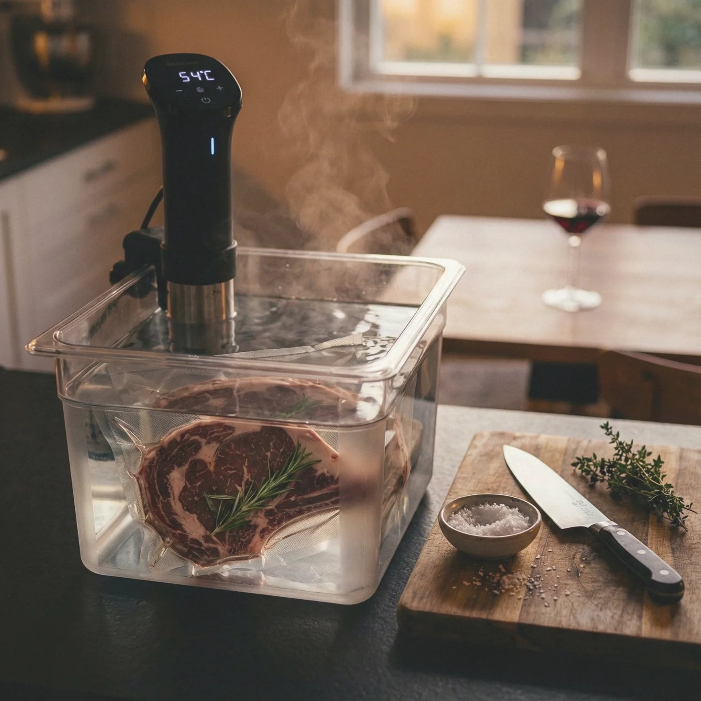Worki do sous vide 20x30cm ze stekiem ribeye w kąpieli wodnej sous vide.