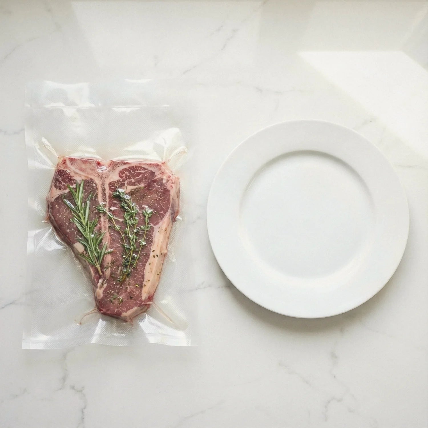 Worki do sous vide 20x35cm obok talerza obiadowego – porównanie rozmiaru.