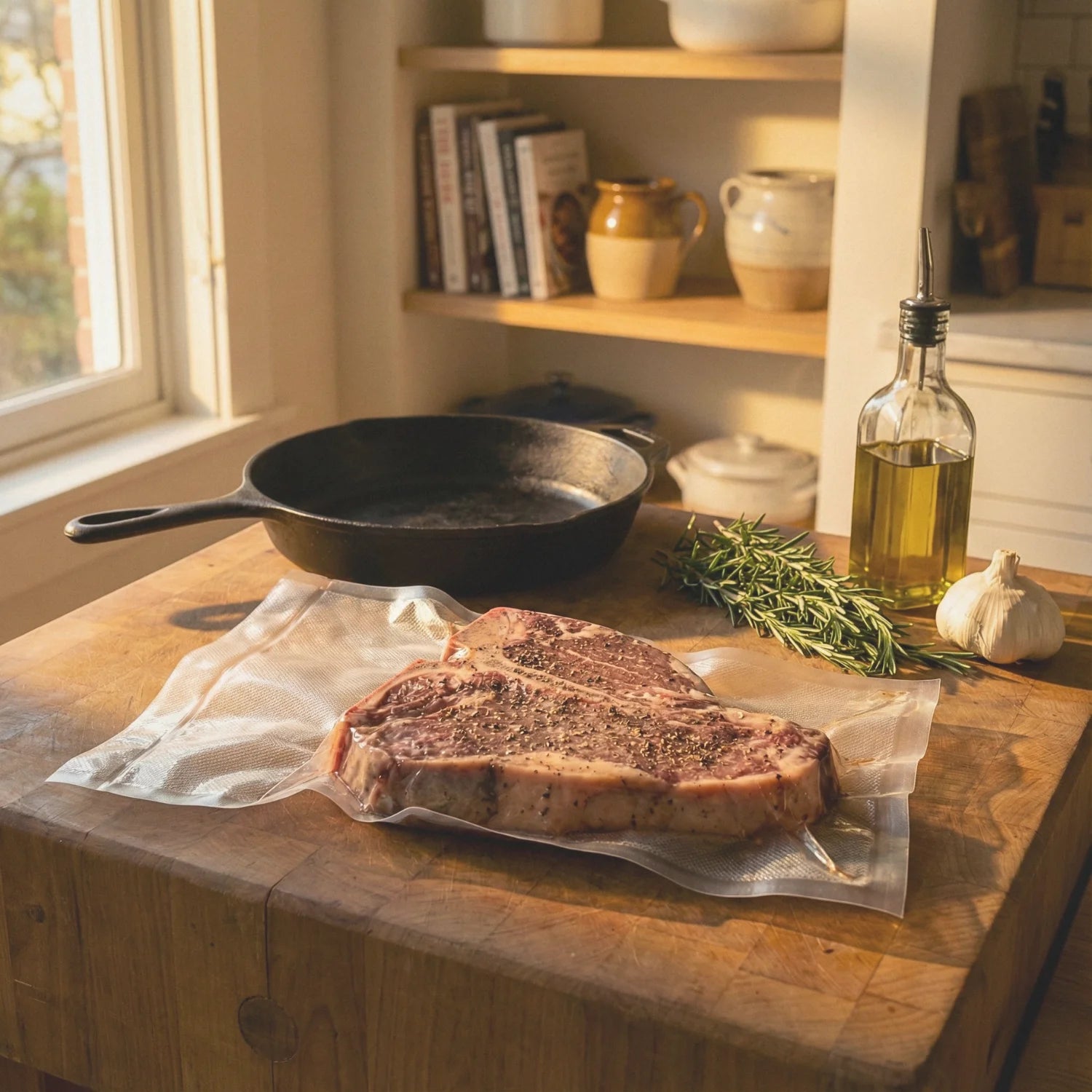 Worki do sous vide 20x35cm ze stekiem T-bone na bloku rzeźniczym.
