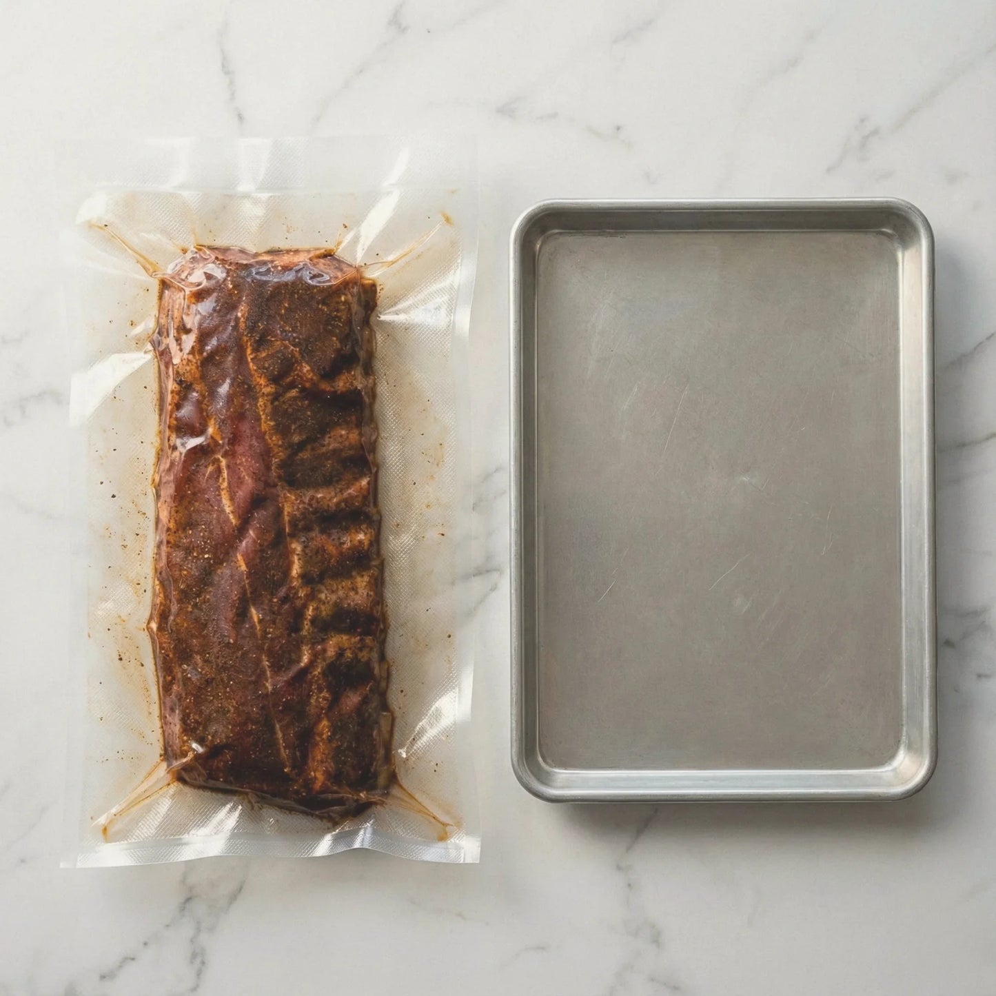 Worki do sous vide 25x40cm obok blachy do pieczenia – porównanie rozmiaru.