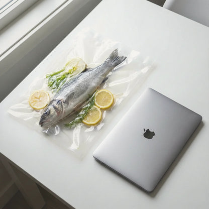 Worki do sous vide 30x35cm obok laptopa 13 cali – porównanie rozmiaru.