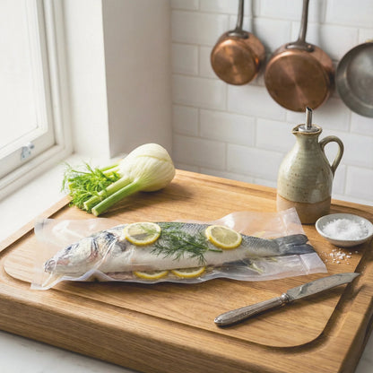 Worki do sous vide 30x35cm z całą rybą na desce do krojenia.
