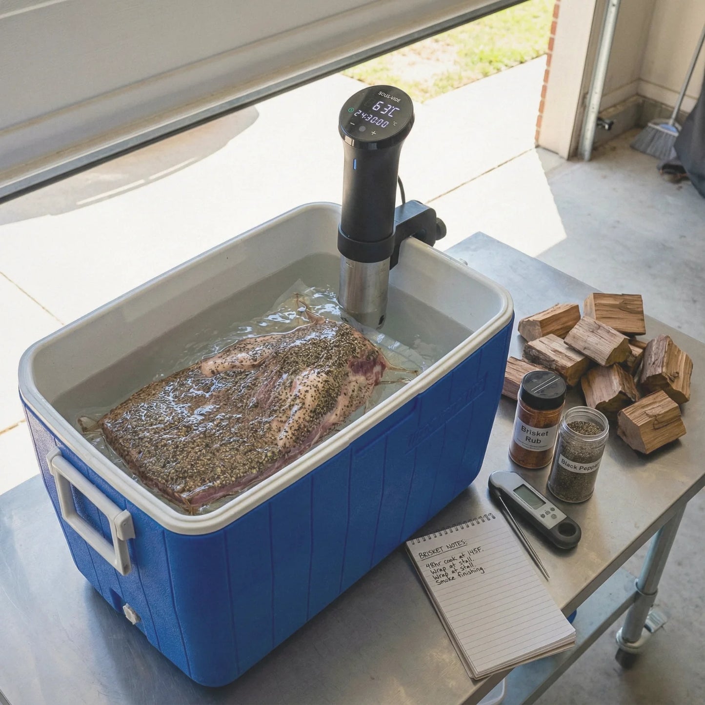 Worki do sous vide 30x40cm z brisketem w profesjonalnym sous vide.