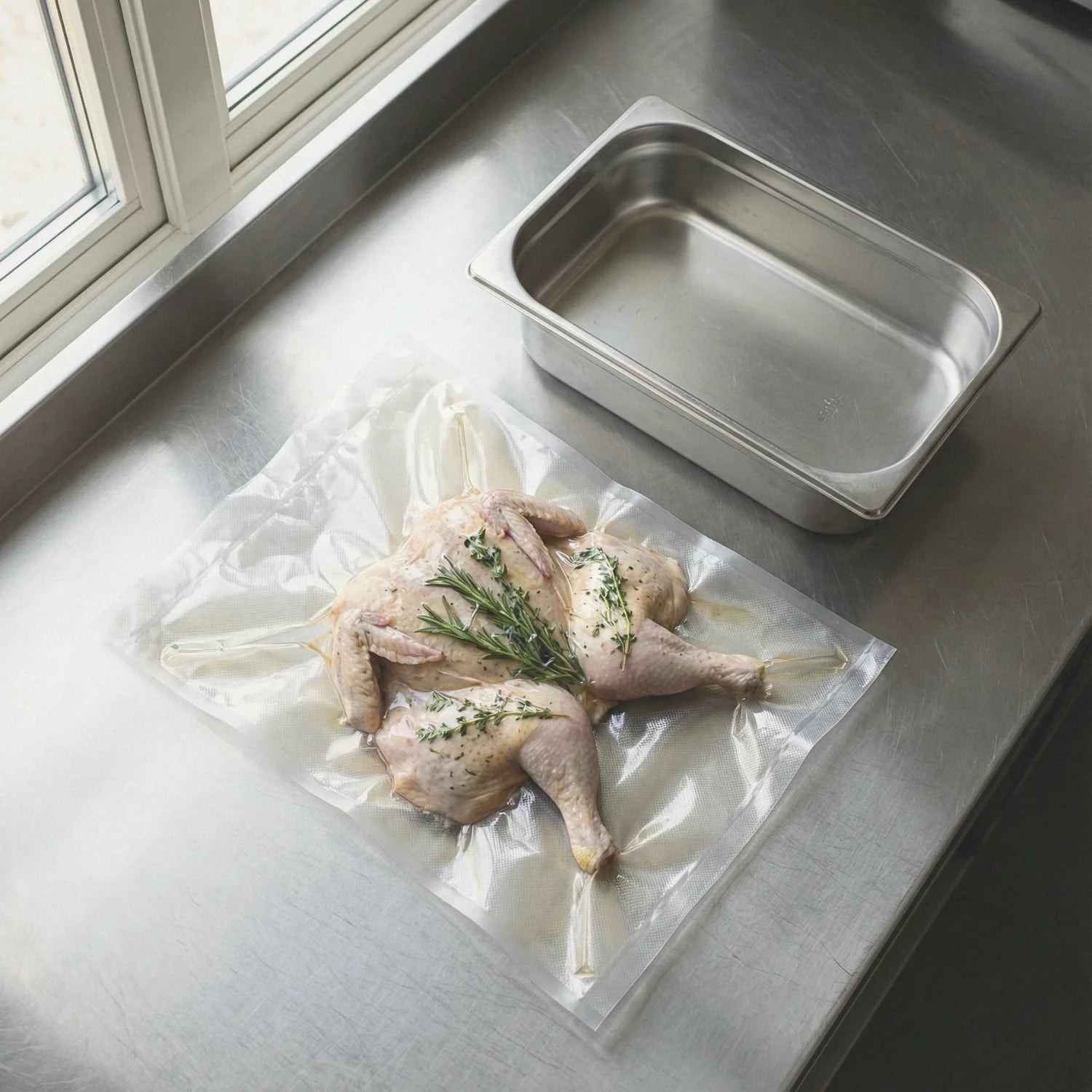 Worki do sous vide 40x50cm obok pojemnika GN 1/1 – porównanie rozmiaru.