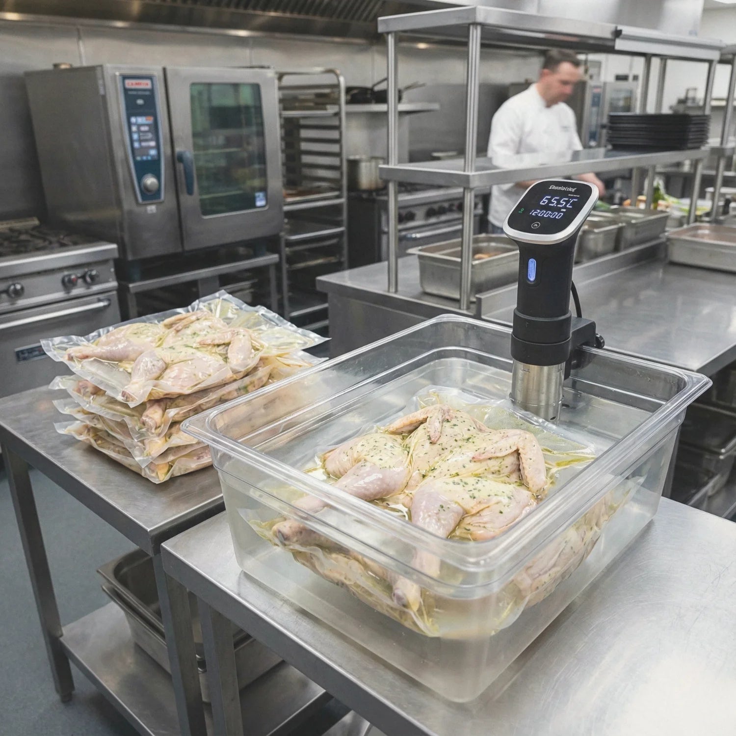 Worki do sous vide 40x50cm z kurczakiem w kuchni gastronomicznej.