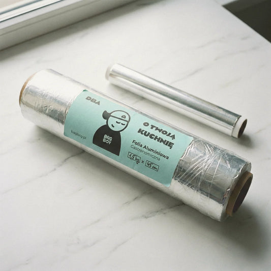 Folia aluminiowa BagBoy 1,5kg × 45cm – duża rolka gastronomiczna z etykietą.