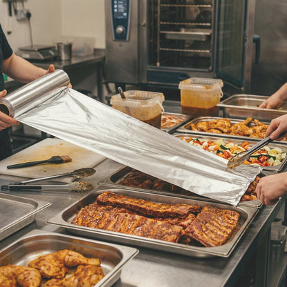 Folia aluminiowa BagBoy 1,5kg × 45cm – przygotowanie cateringu w kuchni gastronomicznej.