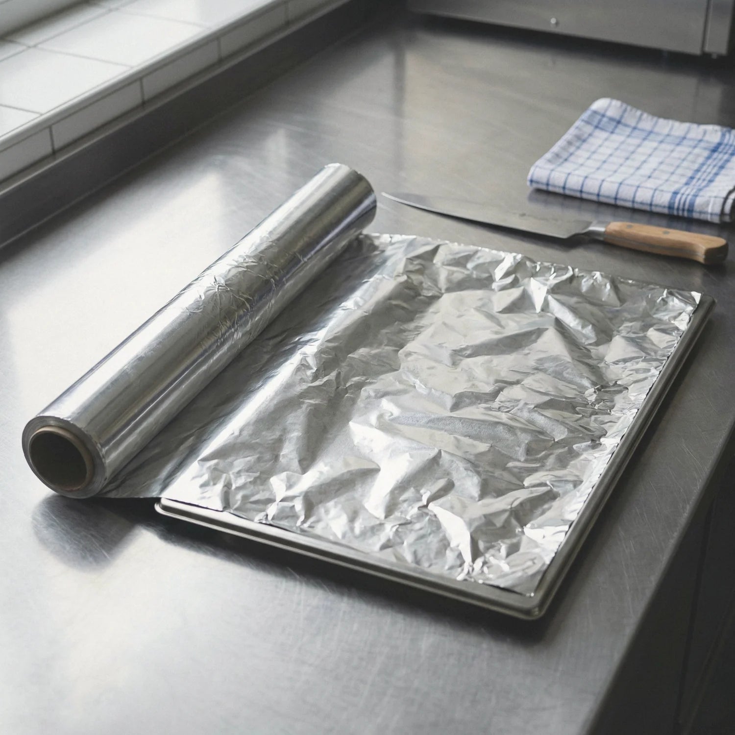 Folia aluminiowa BagBoy 1,5kg × 45cm – porównanie rozmiaru z tacą gastronomiczną.