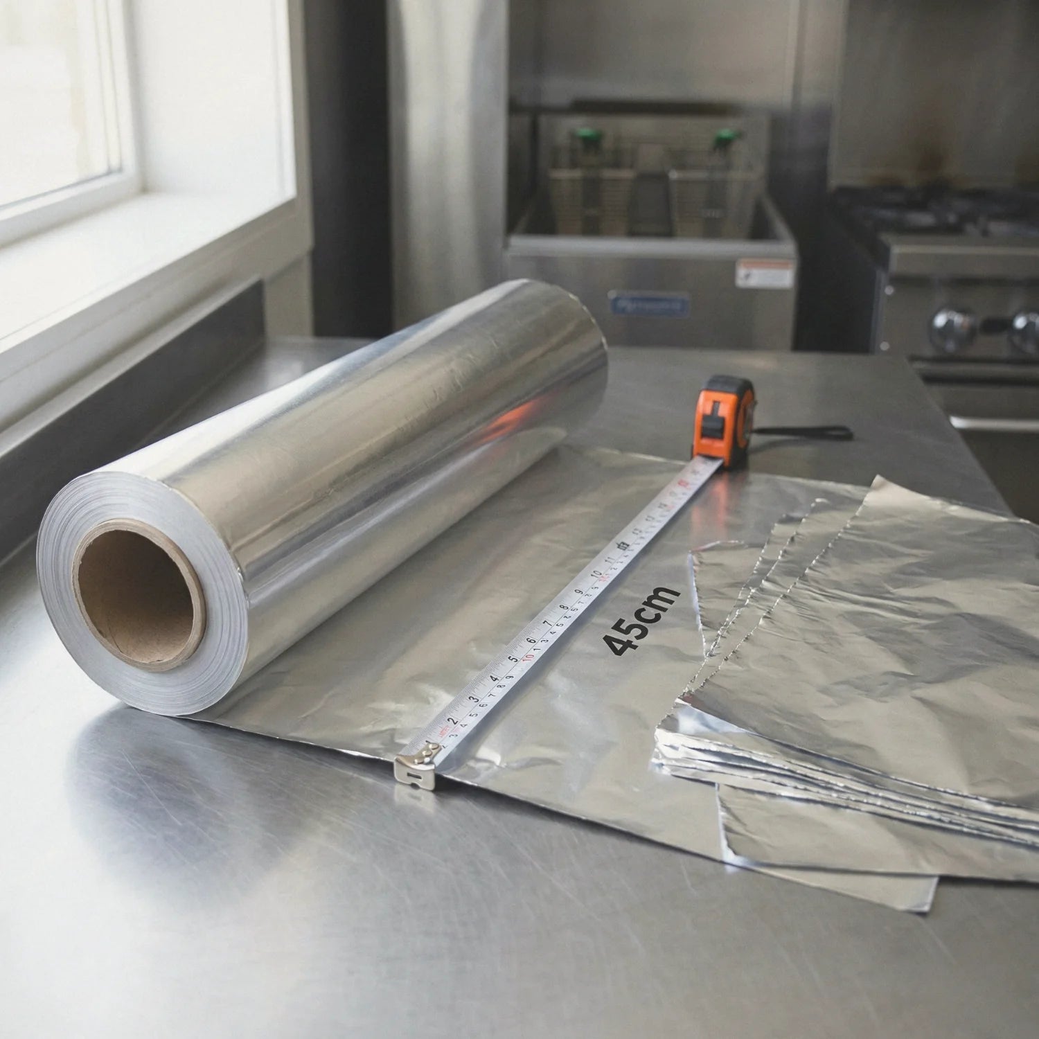 Folia aluminiowa BagBoy 1,5kg × 45cm – rozwinięta rolka pokazująca wydajność.