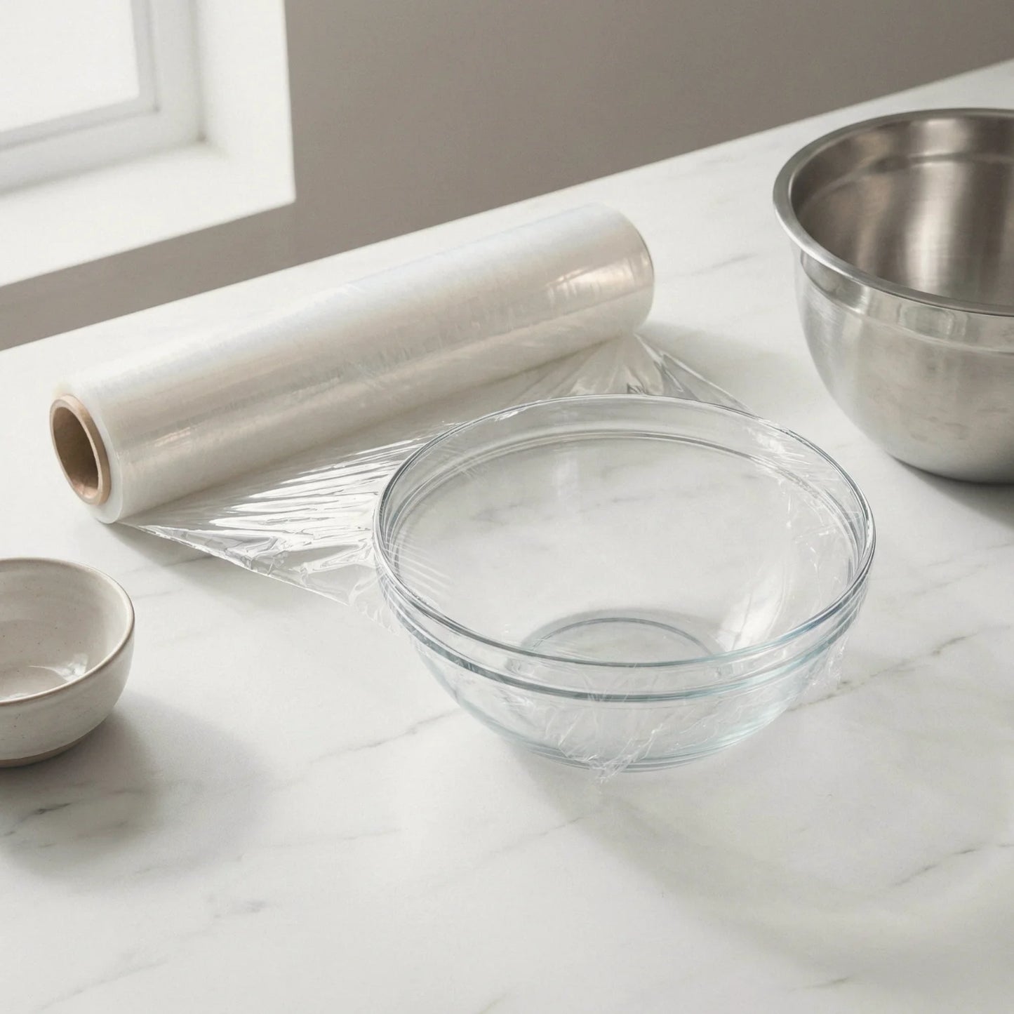 Folia spożywcza stretch BagBoy 200m × 30cm – porównanie rozmiaru z miskami kuchennymi.