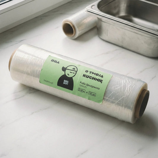 Folia spożywcza stretch BagBoy 200m × 45cm – duża rolka gastronomiczna z etykietą.