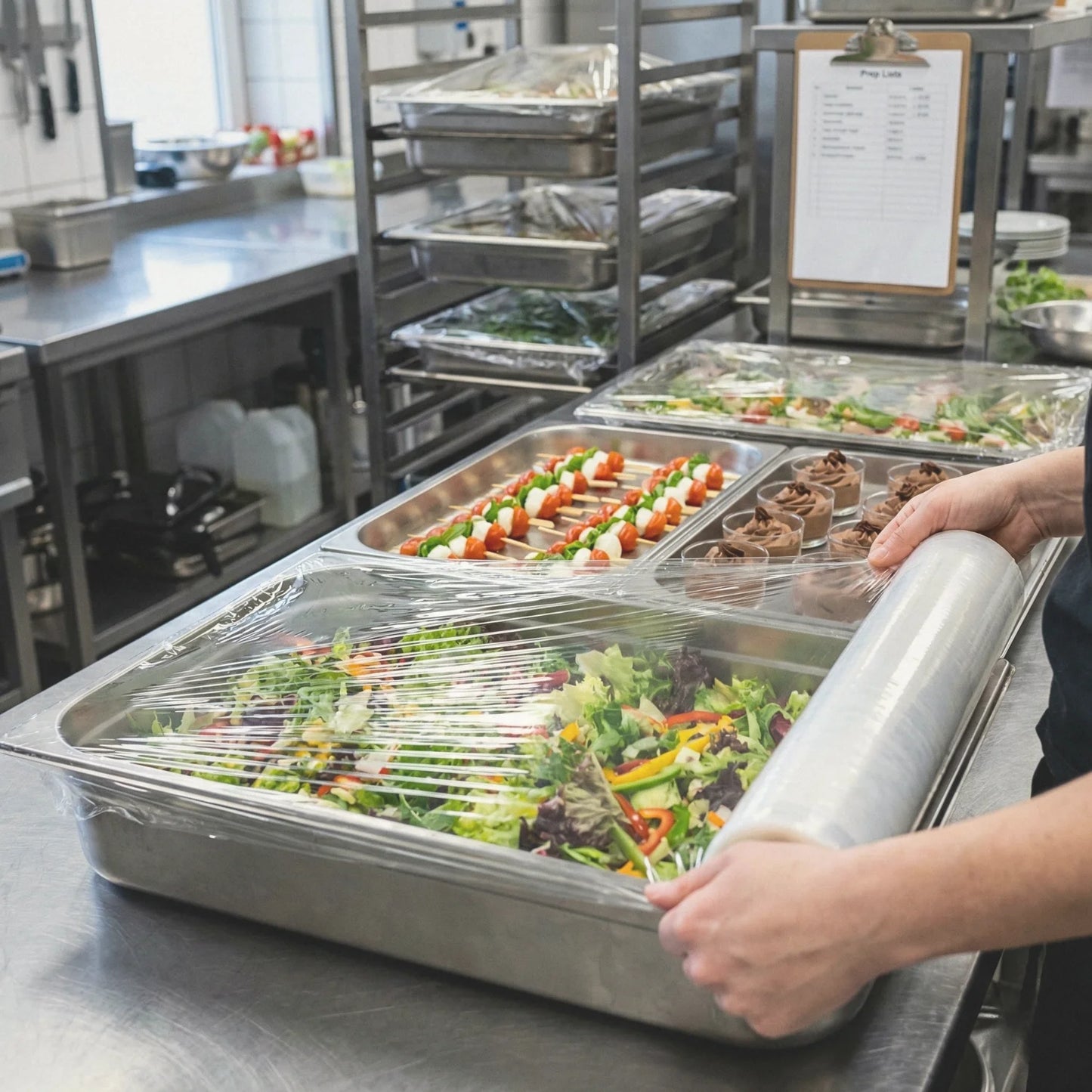 Folia spożywcza stretch BagBoy 200m × 45cm – owijanie tac gastronomicznych w cateringu.