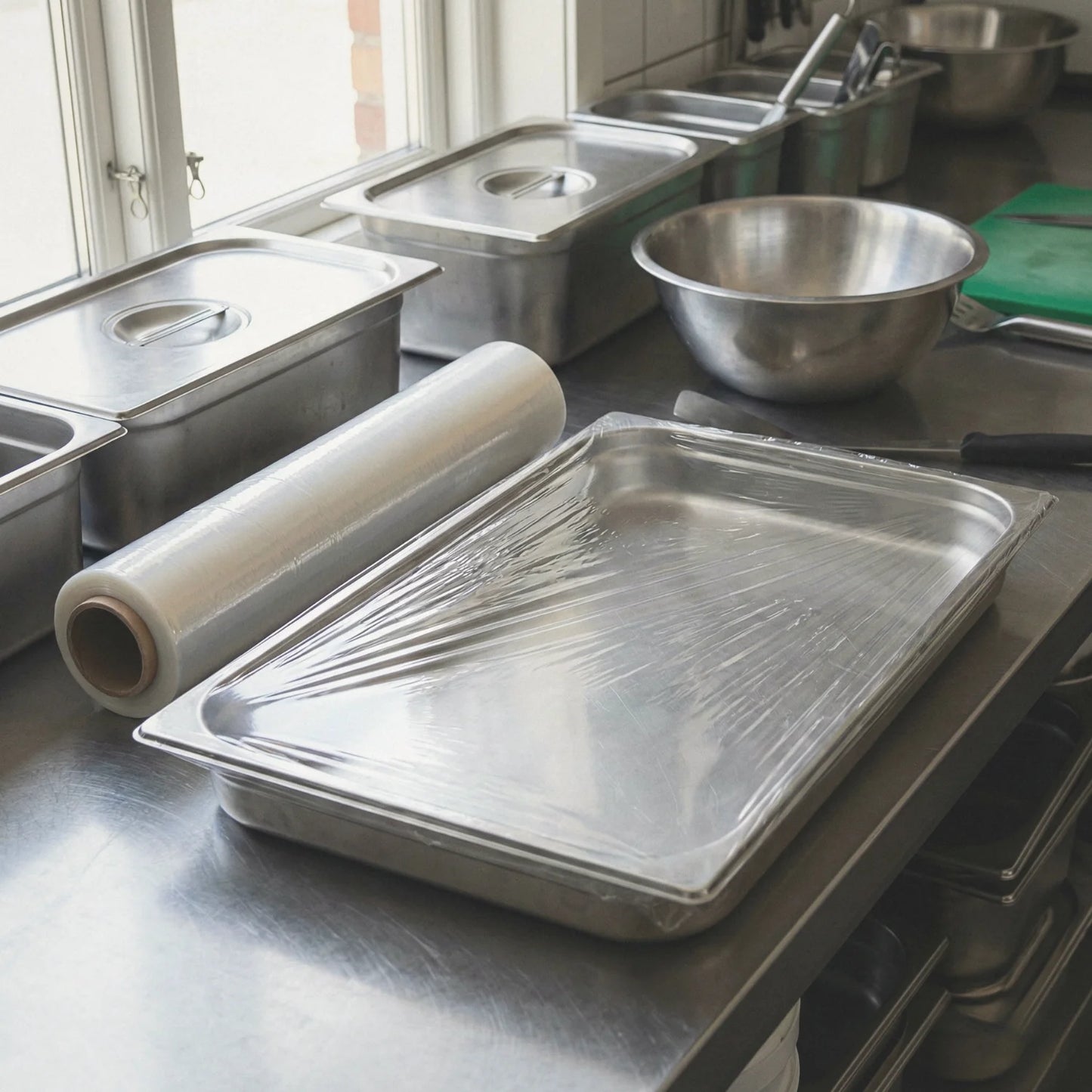 Folia spożywcza stretch BagBoy 200m × 45cm – porównanie rozmiaru z pojemnikami gastro.