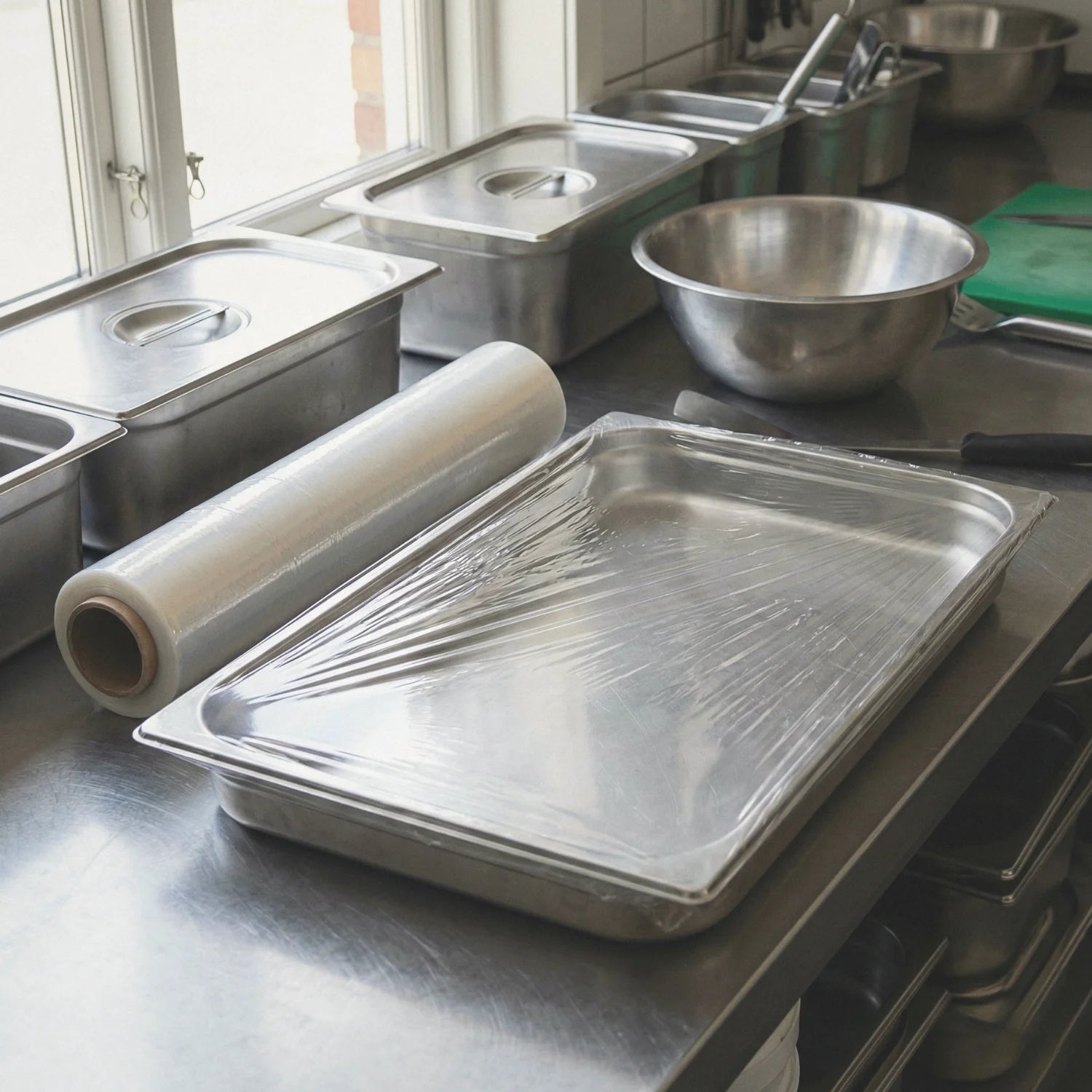 Folia spożywcza stretch BagBoy 200m × 45cm – porównanie rozmiaru z pojemnikami gastro.