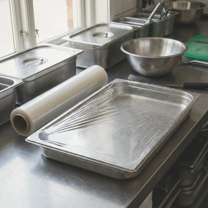 Folia spożywcza stretch BagBoy 200m × 45cm – porównanie rozmiaru z pojemnikami gastro.