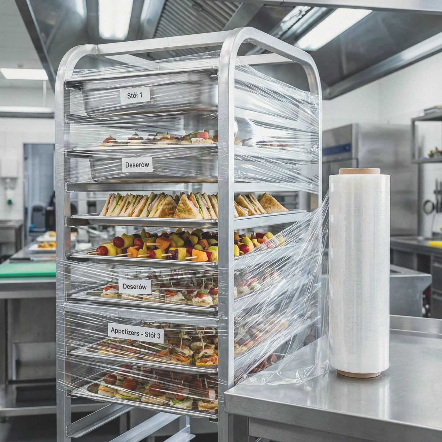 Folia spożywcza stretch BagBoy 200m × 45cm – przykryte tace na wózku cateringowym.