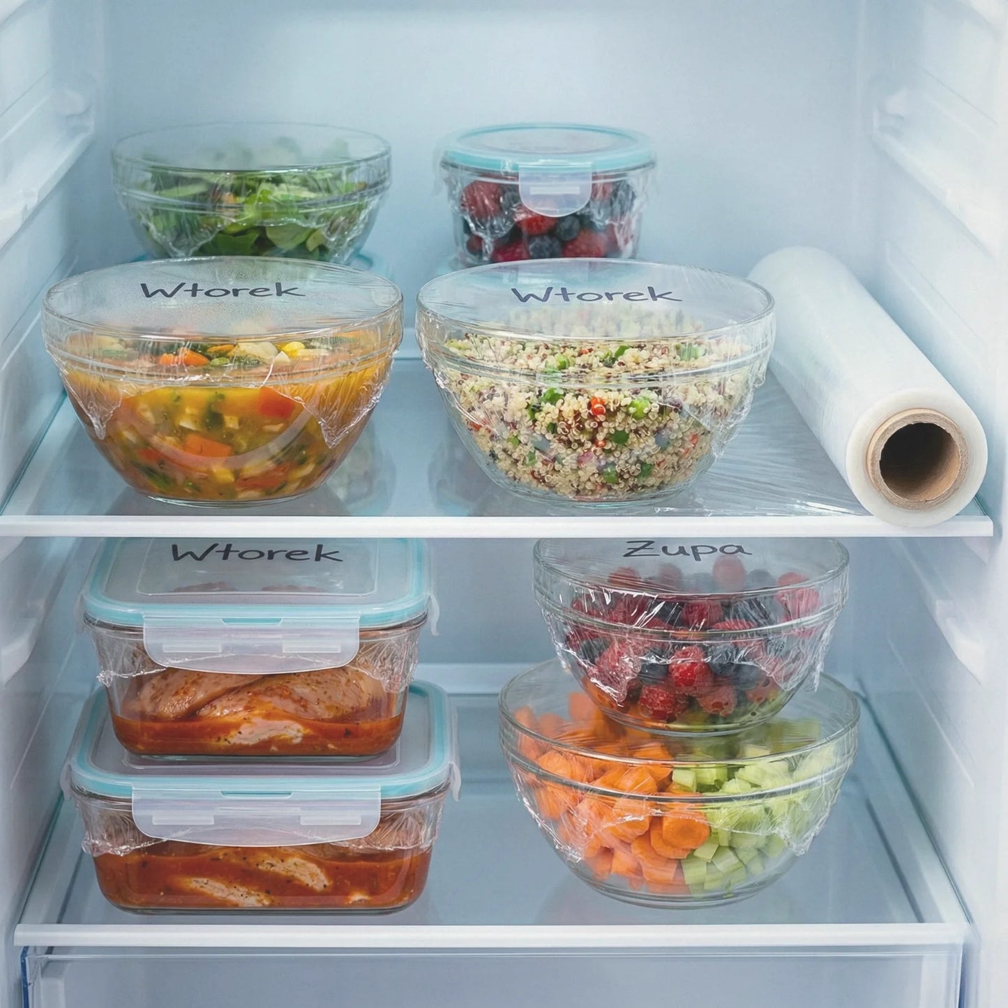 Folia spożywcza stretch BagBoy 200m × 30cm – przykryte miski w lodówce.