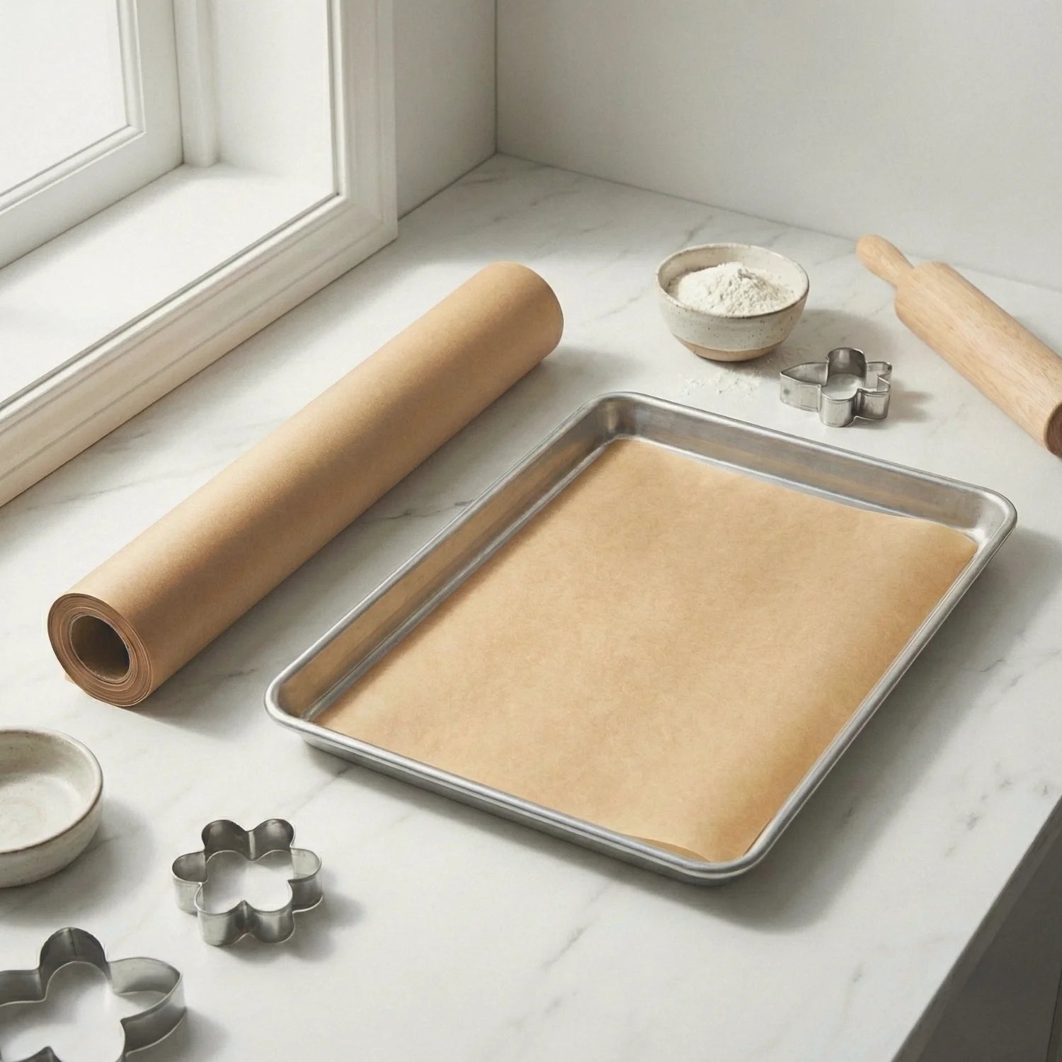 Papier do pieczenia BagBoy 50m × 38cm – porównanie rozmiaru z blachą do pieczenia.