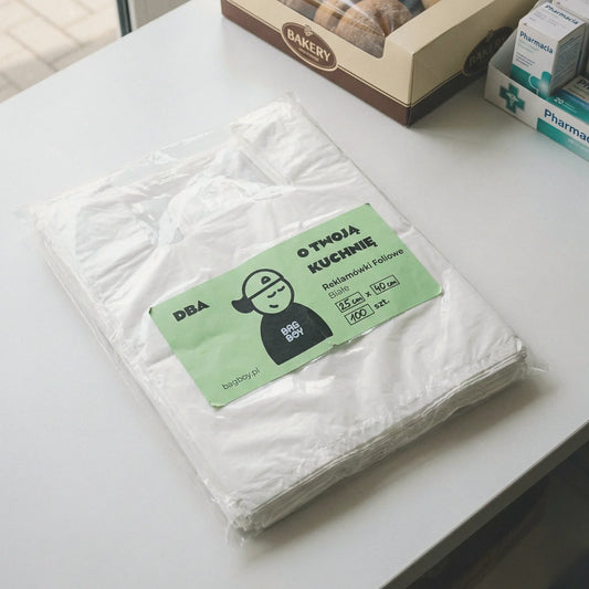 Reklamówki foliowe BagBoy 25×40cm białe 100szt – opakowanie z etykietą.