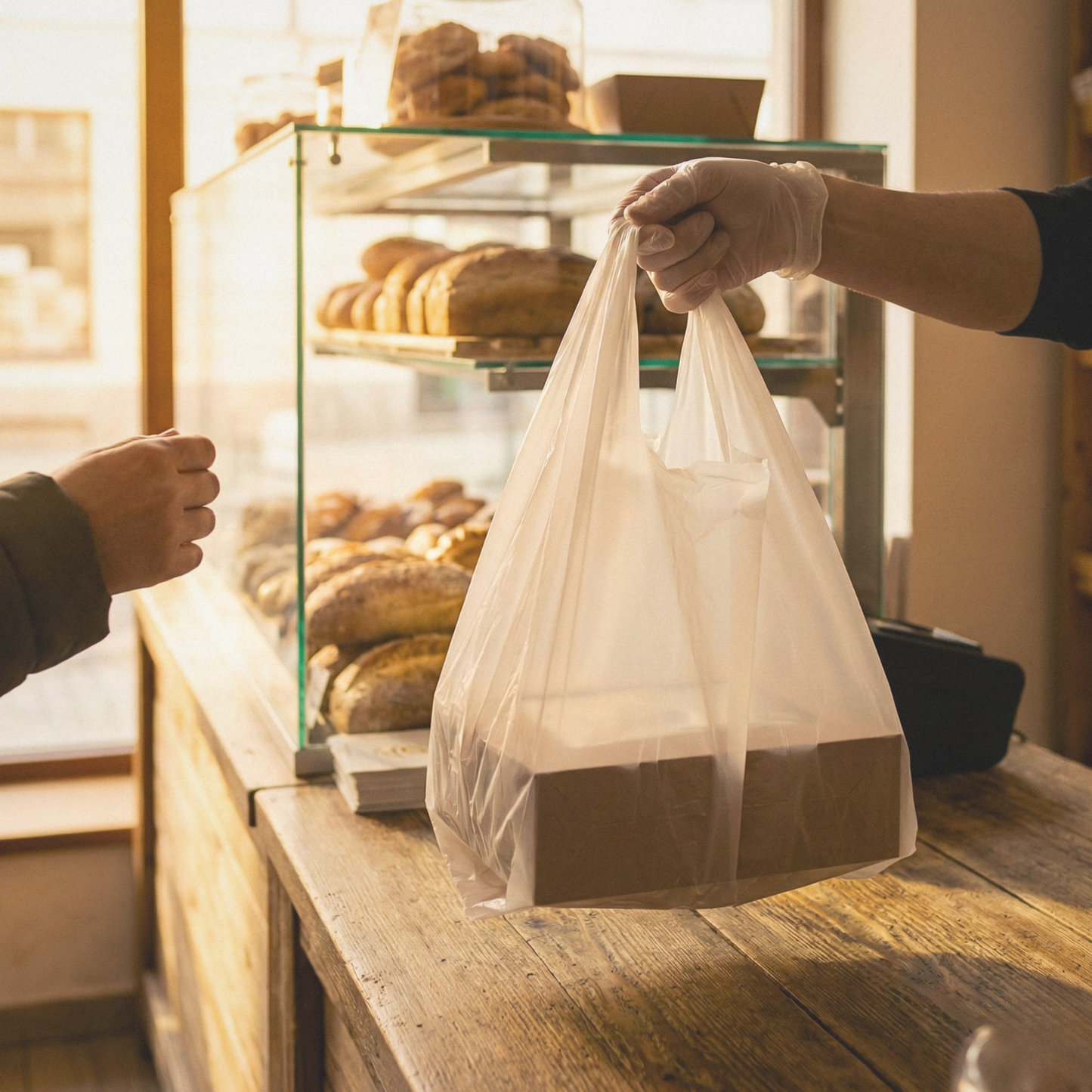Reklamówki foliowe BagBoy 25×40cm białe – wydawanie torby w piekarni.