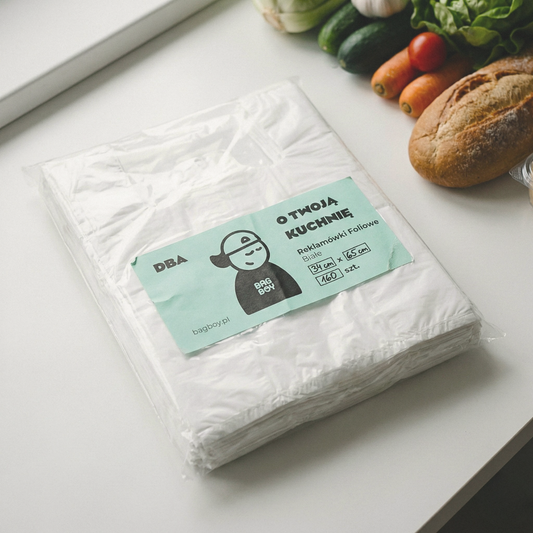 Reklamówki foliowe BagBoy 34×65cm białe 160szt – opakowanie z etykietą.