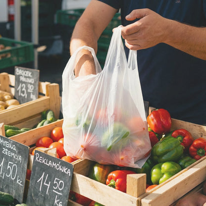 Reklamówki foliowe BagBoy 34×65cm białe – pakowanie warzyw na targu.