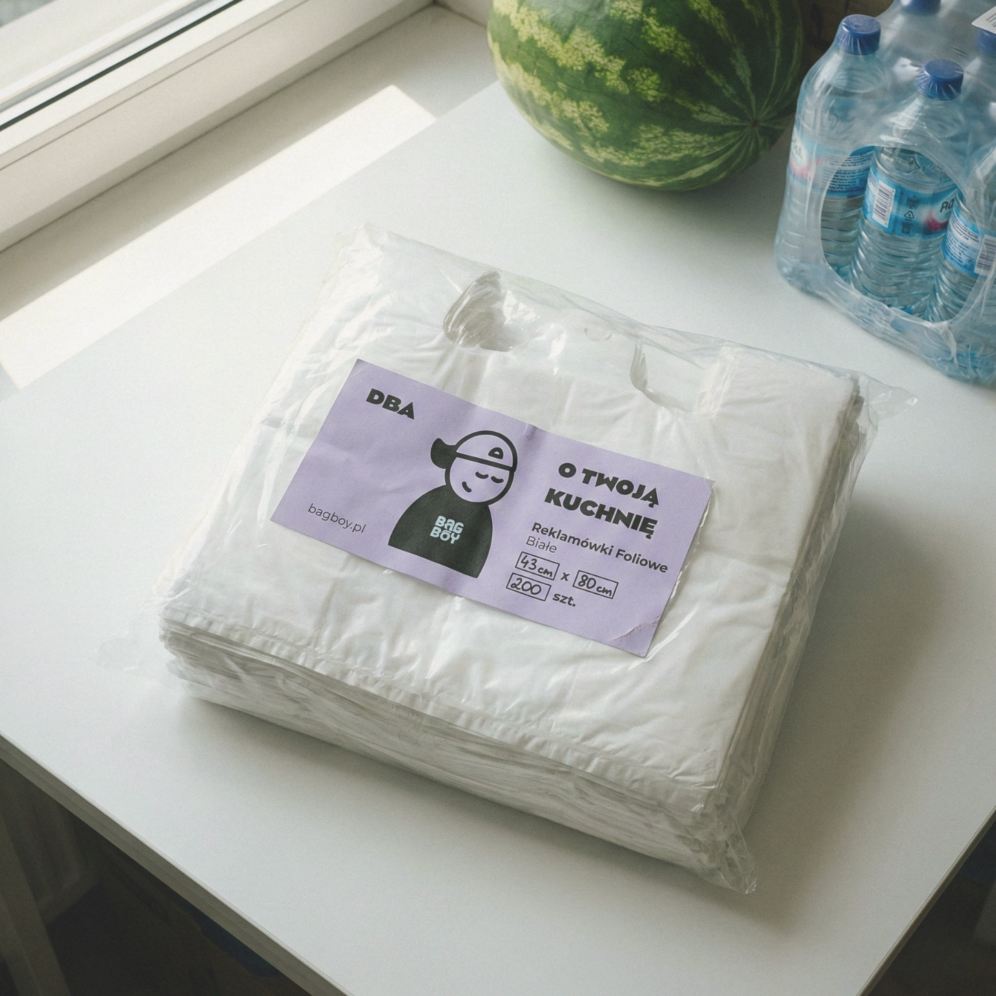 Reklamówki foliowe BagBoy 43×80cm białe 200szt – duże opakowanie z etykietą.