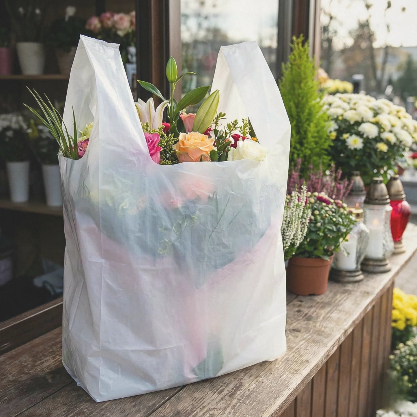 Reklamówki foliowe BagBoy 43×80cm białe – torba z kwiatami w kwiaciarni.