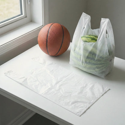 Reklamówki foliowe BagBoy 43×80cm białe – porównanie rozmiaru z piłką.