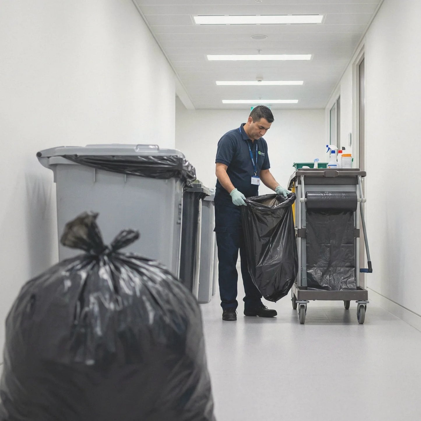 Worki na śmieci BagBoy 120L czarne – sprzątanie w biurowcu.